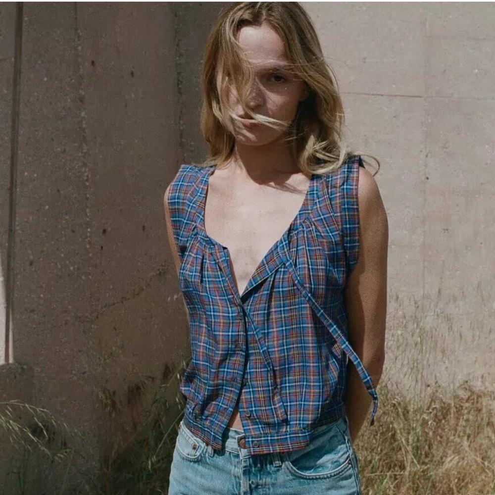 Doen Roselle Top in Azure French Plaid